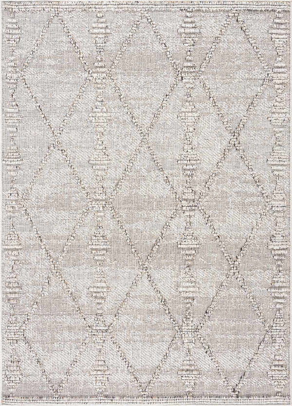 Close-up of Nyla Bone Indoor & Outdoor Rug. Neutral bone color with a diamond geometric pattern and woven texture. Design-Rectangle-46