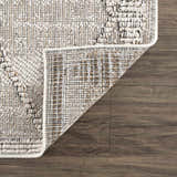 Close-up of the Nyla Bone Indoor Outdoor Rug showing its woven texture, bone color, and backing on a wood floor. Fold