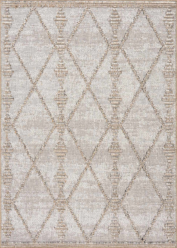 Close-up of the Nyla Bone & Tan Textured Performance Rug, featuring a diamond pattern and neutral color palette. Design-Rectangle-46
