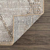 Close-up of the Nyla Bone & Tan Textured Performance Rug showing woven detail and construction. Fold