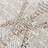 Close-up of the textured Nyla Bone & Tan Performance Rug, showing woven bone, tan, and gray yarns. Texture