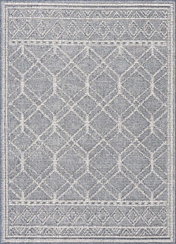 Close-up of Diah Gray Blue & Bone Area Rug featuring a diamond trellis pattern and coastal style border. Design-Rectangle-46