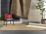 Styled room scene with tan Partoun Area Rug, chair with red pillow, and potted plants. Contemporary rug display. Styleshot