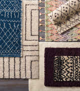 Assorted Duncanville Area Carpet samples: plum, blue, and neutral tones. Hand-woven wool rugs with contemporary patterns and textures. Styleshot