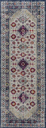 Close-up of Tigrim Beige 2306 Area Rug. Features a bohemian floral pattern in beige, ivory, navy, purple and yellow. Design-Runner-2773