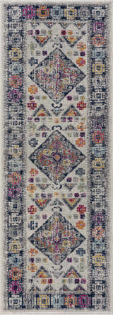 Close-up of Tigriv Ivory 2312 Area Rug. Bohemian design with gray, ivory, navy, and orange geometric patterns. Design-Runner-2773