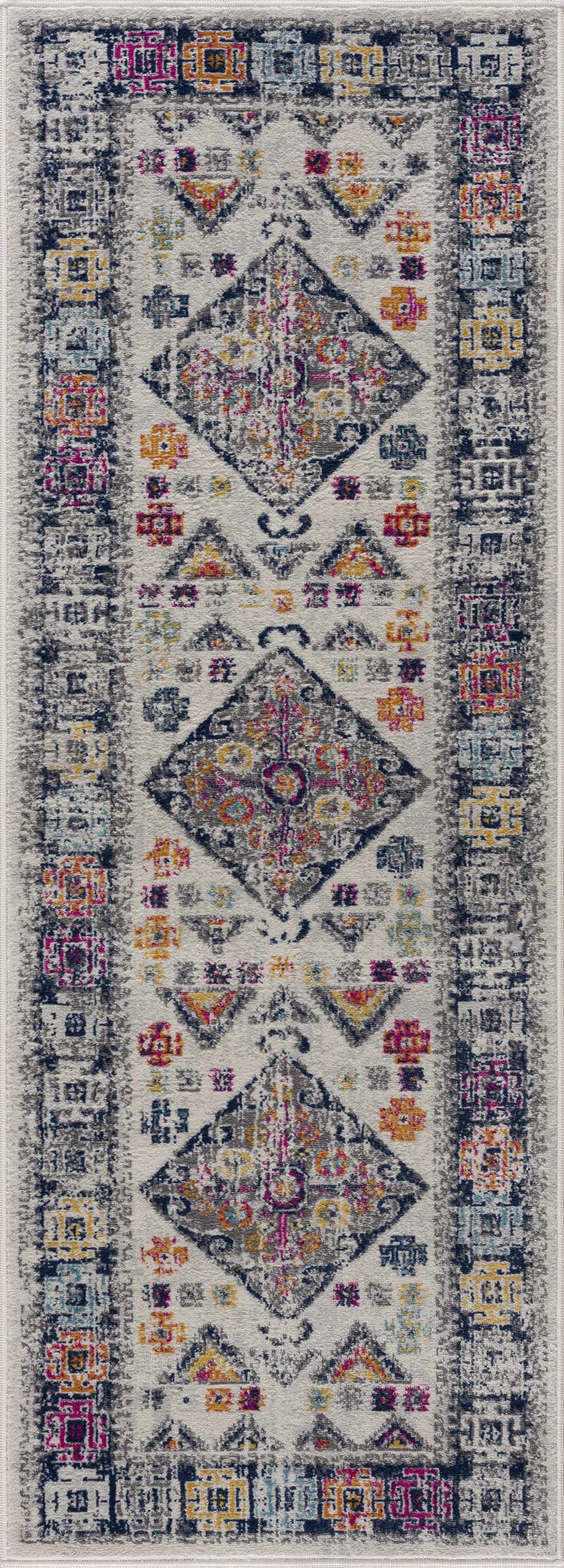 Close-up of Tigriv Ivory 2312 Area Rug. Bohemian design with gray, ivory, navy, and orange geometric patterns. Design-Runner-2773
