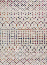 Close-up of the Marash KMRSH-4600 area rug. Off-white rug with colorful diamond and geometric patterns in blue, purple, and red. Design-Rectangle