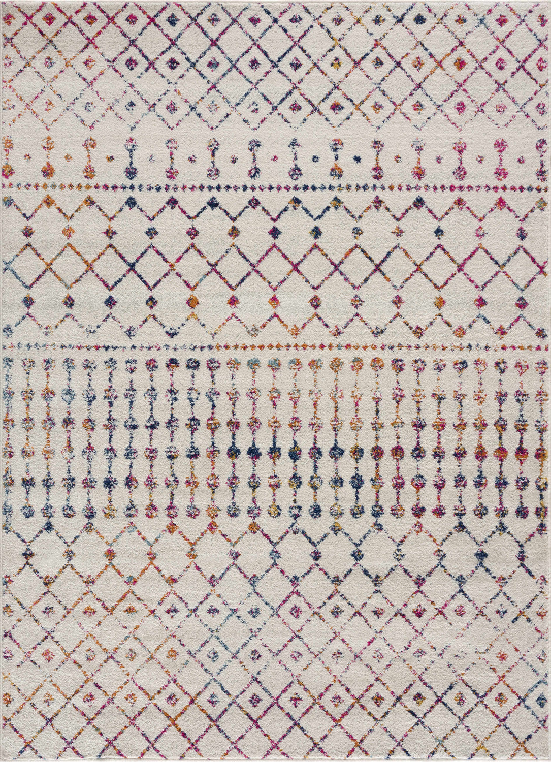 Close-up of the Marash KMRSH-4600 area rug. Off-white rug with colorful diamond and geometric patterns in blue, purple, and red. Design-Rectangle