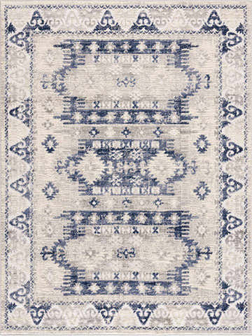 Detailed Bindi Navy Area Rug close-up. Features a Southwestern-style pattern in navy, silver, and cream. Design-Rectangle