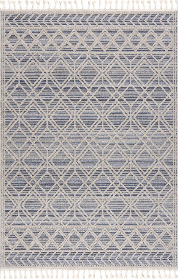Close-up of Magnolia Blue 2302 Area Rug. Geometric diamond pattern in cream and blue. Tassels on each end. Contemporary style. Design-Rectangle