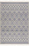 Close-up of Magnolia Blue 2302 Area Rug. Geometric diamond pattern in cream and blue. Tassels on each end. Contemporary style. Design-Rectangle