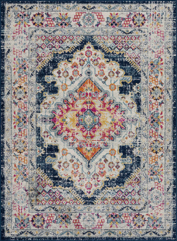 Detailed view of the Marash KMRSH-4603 clearance runner rug with navy, orange, pink, and white traditional pattern. Design-Rectangle
