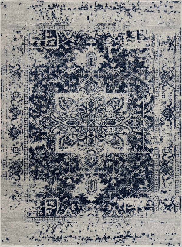 Close-up of the Rachel Navy Area Rug featuring a traditional, distressed oriental pattern in navy, beige, and gray tones. Design-Rectangle