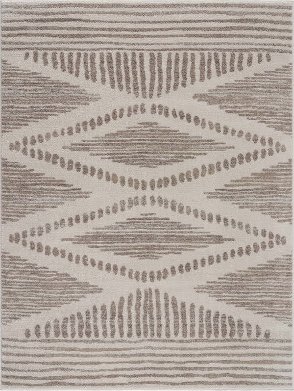 Close-up of Tigrisis Beige 2328 Area Rug. Farmhouse style rug with beige, gray, and ivory colors and a Moroccan-inspired pattern. Design-Rectangle-575