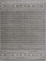 Close-up of Tigri Aztec Ivory & Gray Area Rug. Gray rug with ivory stripes and geometric Aztec-inspired pattern. Design-Rectangle