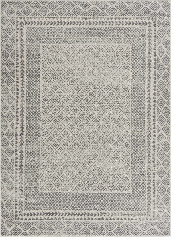 Close-up of the Marash KMRSH-4611 area rug. Gray and ivory geometric pattern with contemporary farmhouse style. Design-Rectangle
