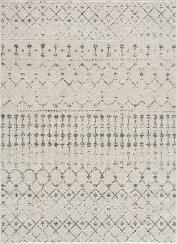 Close-up of the Marash KMRSH-4606 area rug, showcasing its cream and gray geometric pattern and soft polypropylene texture. Design-Rectangle