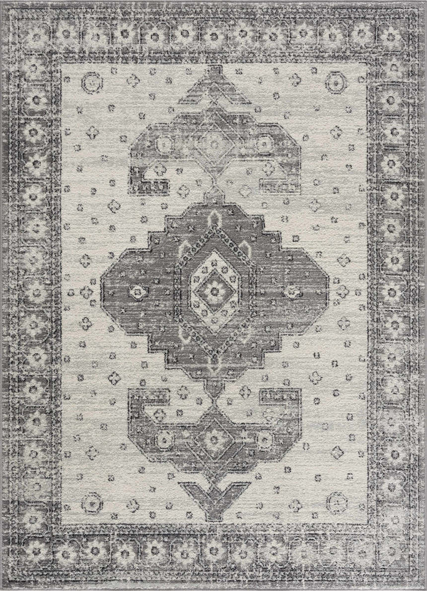Close-up of the Marash 4605 Gray Area Carpet featuring a traditional gray and ivory geometric design. Design-Rectangle