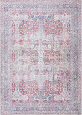 Detailed Rust Goma Vintage Area Rug featuring blush, brick red, and blue floral and geometric patterns. Design-Rectangle