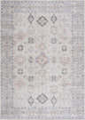 Close-up of Beige Beckett Washable Rug with a traditional, vintage-inspired pattern in beige, blue, and brick red. Design-Rectangle