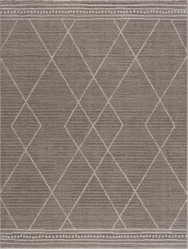 Close-up of Kami Area Rug. Dark beige rug with ivory diamond pattern and dotted border. Moroccan style. Design-Rectangle-810