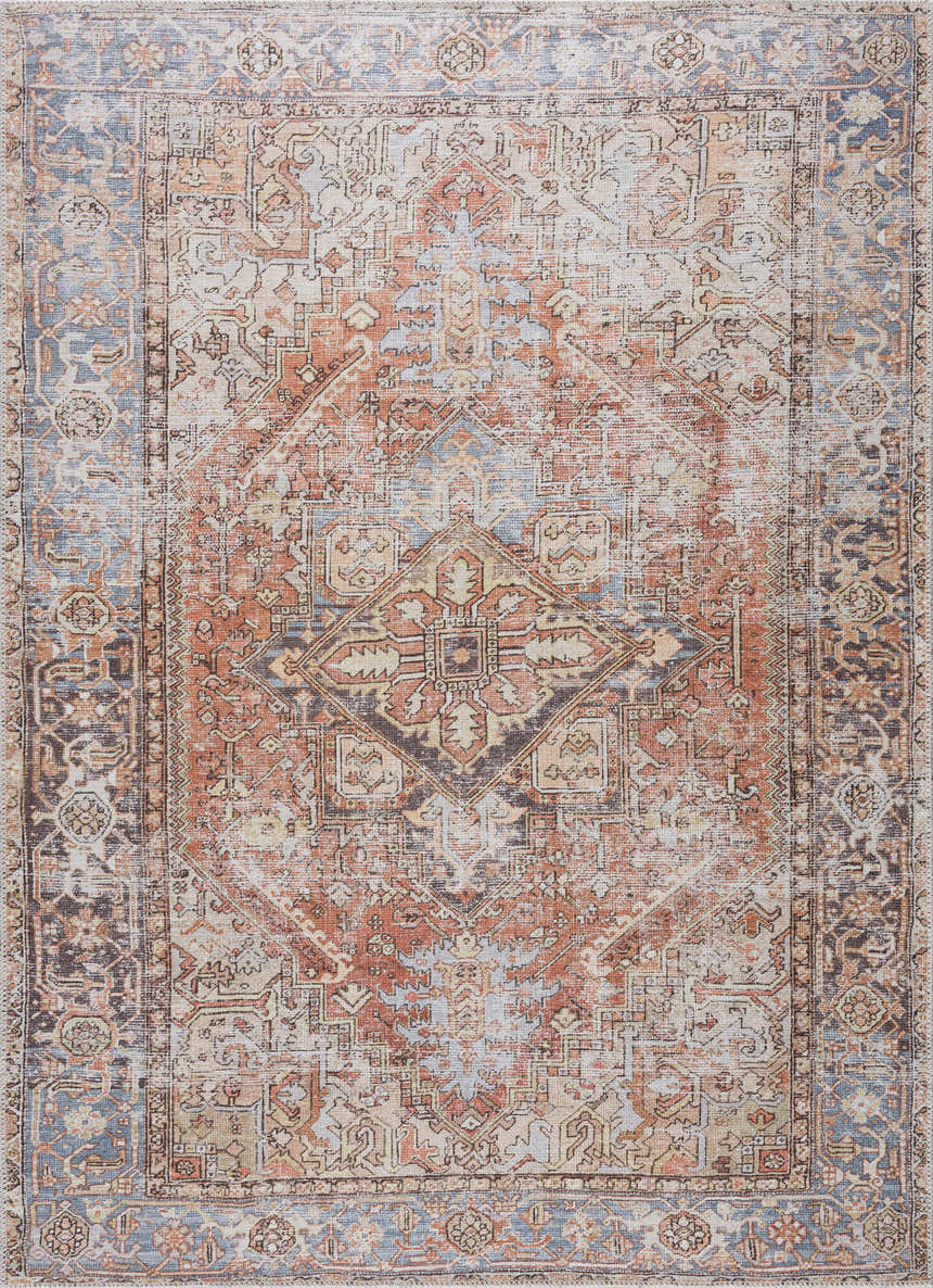 Close-up of the Eira Distressed Washable Rug. Persian-style rug in charcoal, light blue, off white, orange, red, and yellow. Design-Rectangle