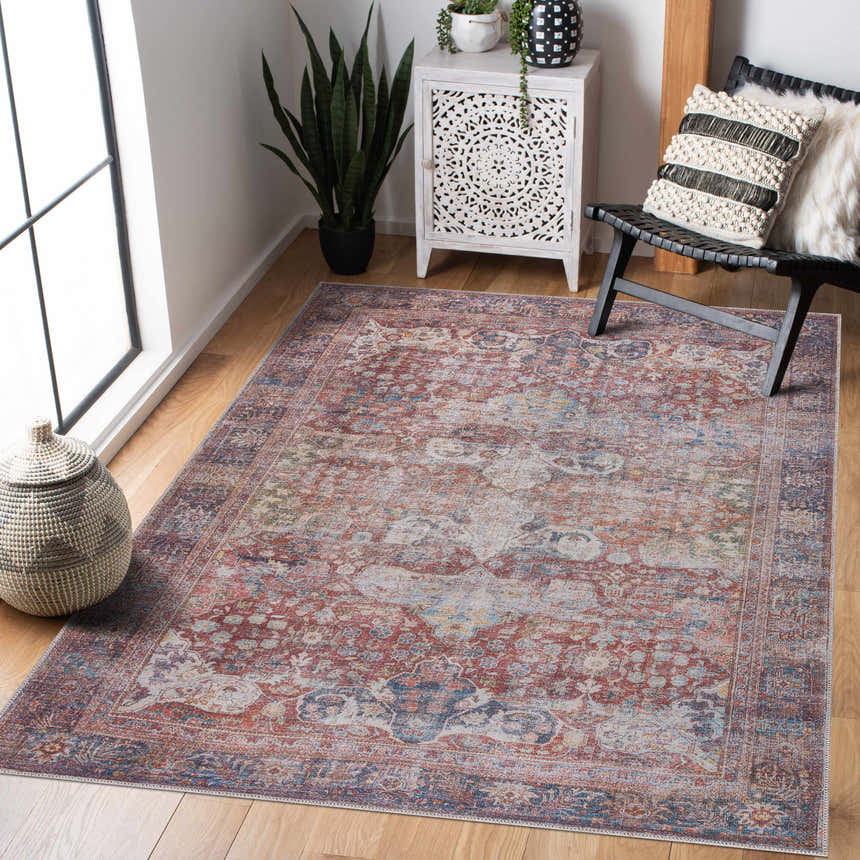 Entryway with a Rust Elki Vintage Medallion Washable Area Rug, wood floors, black chair, and white cabinet. Roomscene-Rectangle