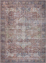 Detailed view of the Rust Elki Vintage Medallion Washable Area Rug, featuring rust, blue, and off-white Persian-style patterns. Design-Rectangle-58
