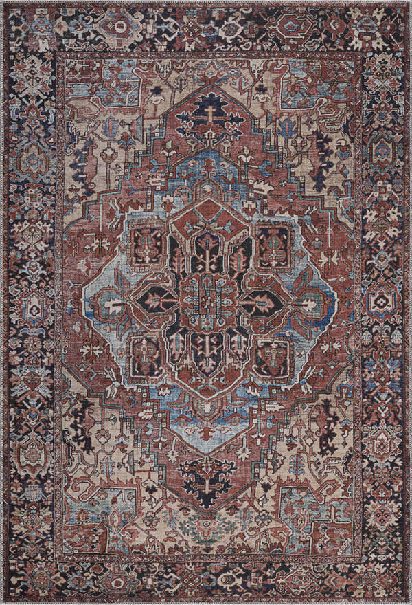 Detailed close-up of the Neyland Washable Area Rug. Traditional, farmhouse style with red, blue, ivory, and wheat colors. Design-Rectangle