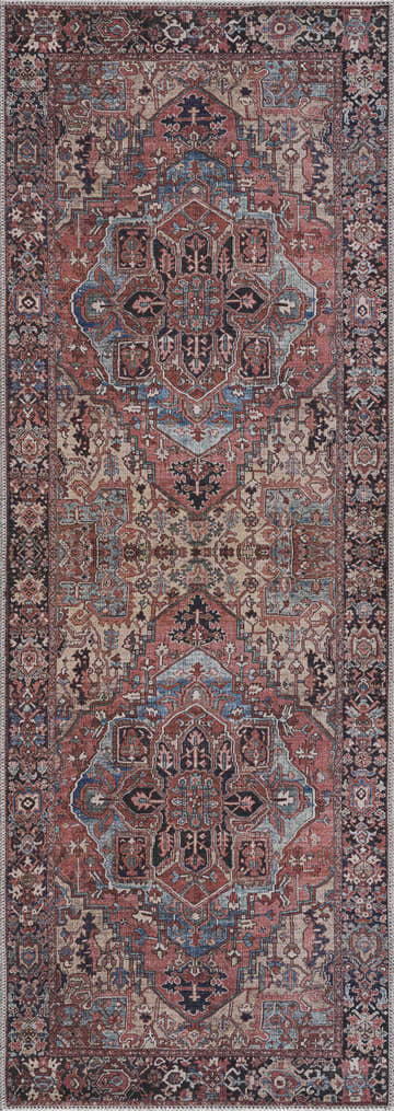 Close-up of the Neyland Washable Area Rug; runner rug with traditional red, blue, ivory, and wheat-colored pattern. Design-Runner
