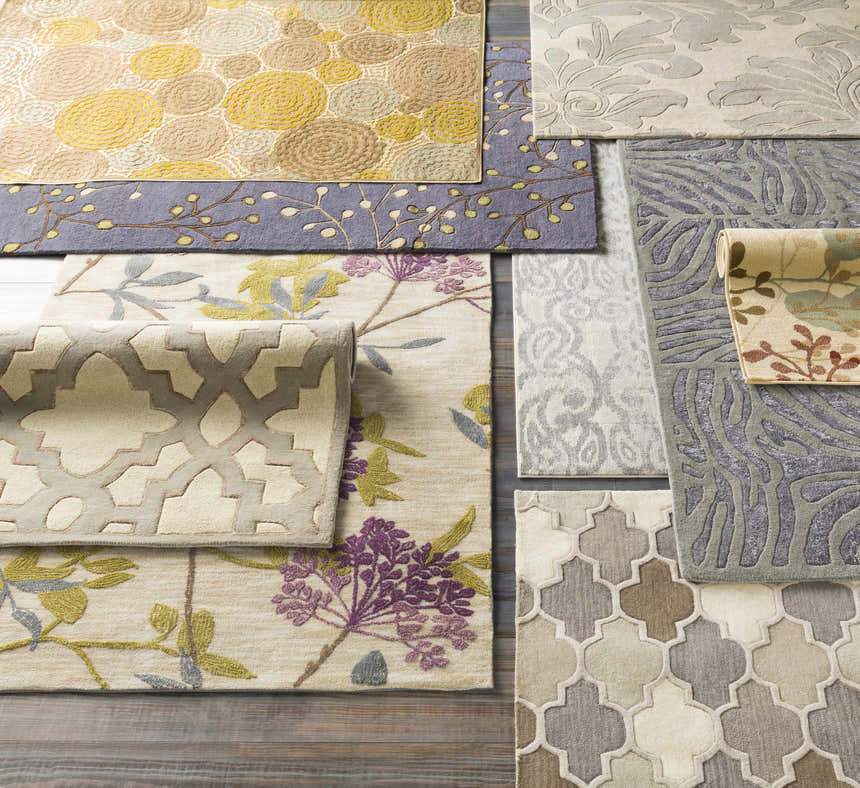 Variety of hand-tufted wool rugs: Elsu Brown Beige floral rug, geometric rug, and abstract rug designs in neutral tones. Styleshot