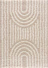 Close-up of the Emmly Shag Area Rug. Shag rug with a geometric pattern in white thatch, light peach, and nutmeg hues. Design-Rectangle-5373