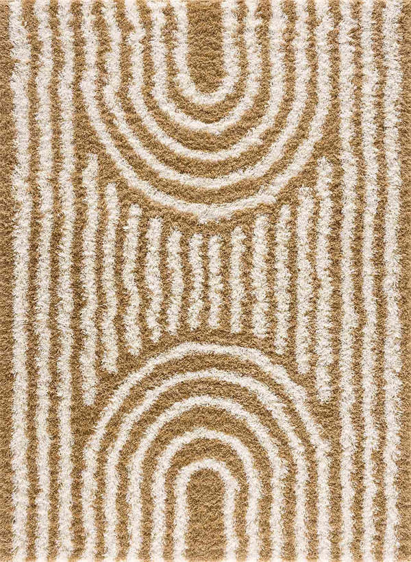 Close up of the Calup Shag Area Rug showing the bone and dark brown geometric pattern and shaggy texture. Design-Rectangle-5373