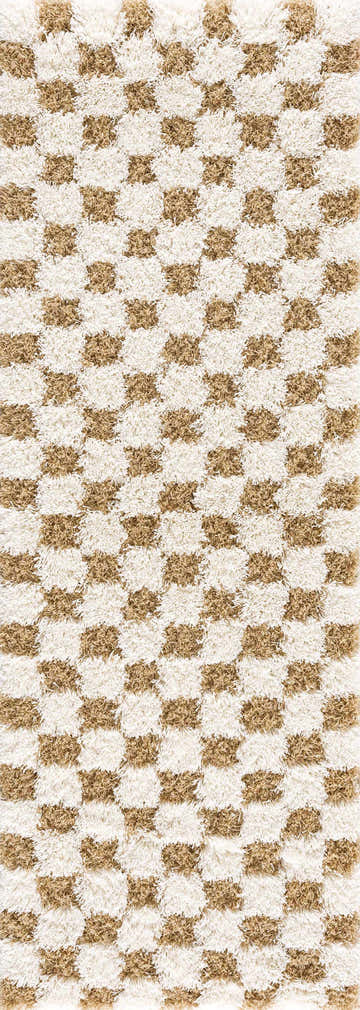 Close-up of the Atira Mustard Checkered Area Rug. Cream and mustard shag rug with a geometric checkered pattern. Design-Runner-2773