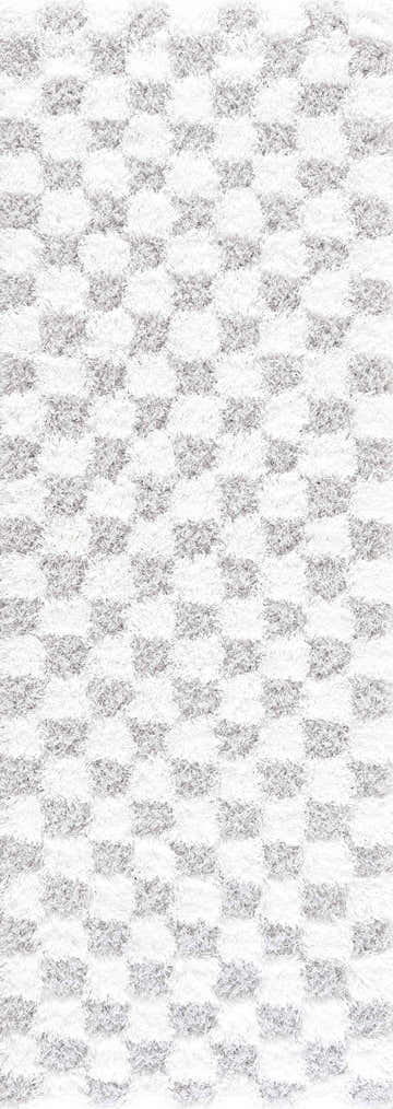 Close-up of the textured Atira Gray Checkered Area Rug with a light gray and white geometric shag design. Design-Runner-2773