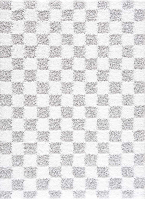 Close-up of the Atira Gray Checkered Area Rug. Light gray and white shag rug with a contemporary geometric checkerboard pattern. Design-Rectangle-537