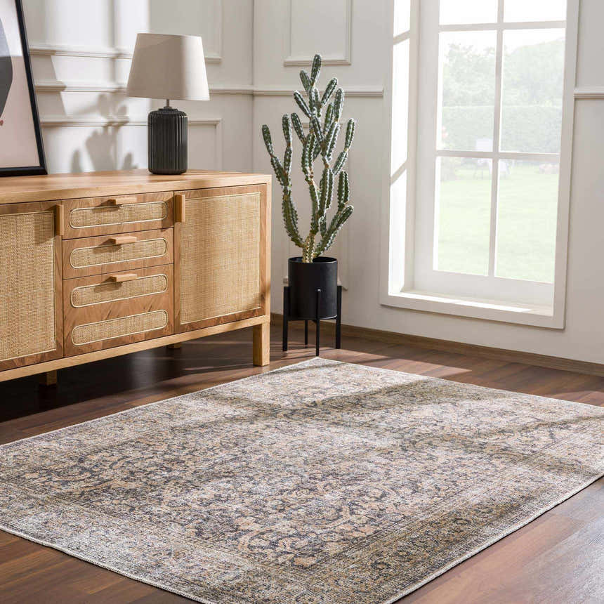 Living room scene with Orsin Washable Area Rug, wood floors, and a natural wood sideboard. Cactus and lamp on top. Roomscene-Rectangle