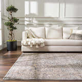 Living room scene with a neutral sofa and the Orsin Washable Area Rug in beige and gray on a dark wood floor. Roomscene-Rectangle