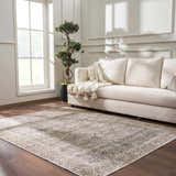 Living room scene with a beige sofa and the Ohoud Washable Area Rug in a traditional pattern on a dark wood floor. Roomscene-Rectangle