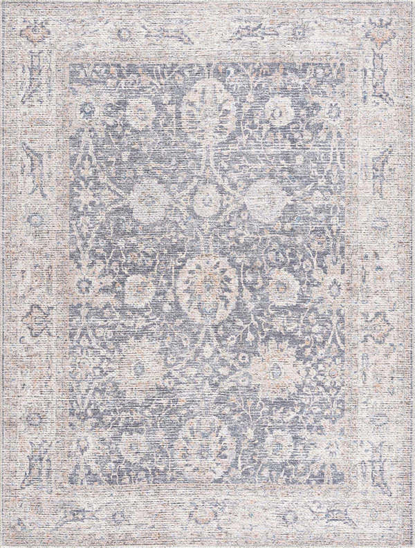 Close-up of the Kayin Washable Rug with a traditional floral pattern in silver, gray, and beige hues. Soft chenille texture. Design-Rectangle-537