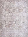 Close-up of the Washable Parkerfield Area Rug in gray, silver, and mustard tones with a traditional, distressed pattern. Design-Rectangle-537