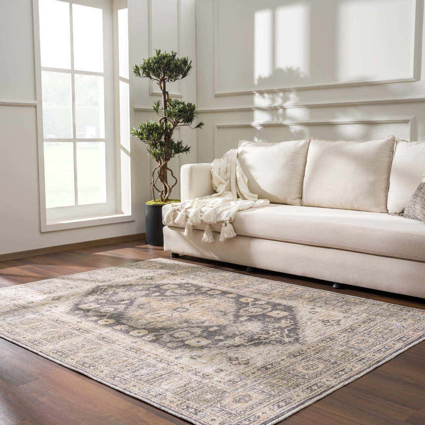 Living room with beige sofa and Keola Washable Area Rug in gray and beige, with a traditional, farmhouse-style pattern. Roomscene-Rectangle