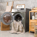 Keola Washable Area Rug in a laundry room with a washing machine and wooden shelving. Farmhouse style. Washing-Machine