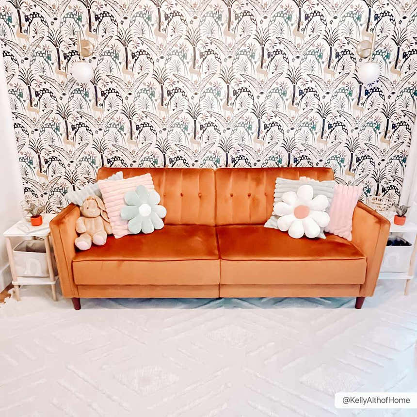 Kids room scene with orange sofa and white Vineyards 3D Living Room Rug. Contemporary geometric rug. Roomscene-Rectangle