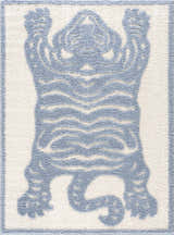 Close-up of the Zane Light Blue Tibetan Tiger Area Rug, featuring a shaggy texture and animal design. Design-Rectangle-46
