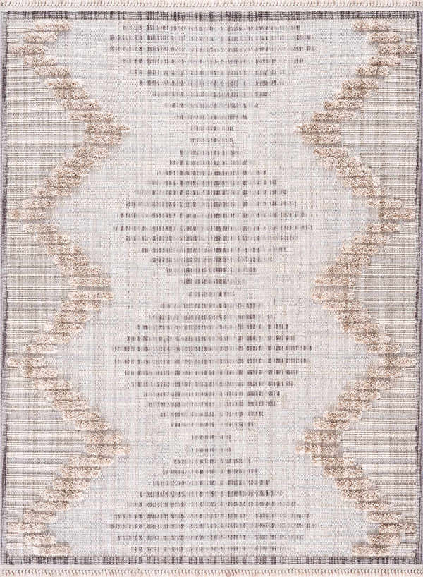 Close-up of the Maulawin High-Low Rustic Rug. Features a geometric pattern in charcoal, cream, and light beige hues. Design-Rectangle-5373