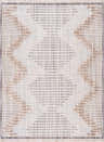 Close-up of the Maulawin High-Low Rustic Rug. Features a geometric pattern in charcoal, cream, and light beige hues. Design-Rectangle-5373