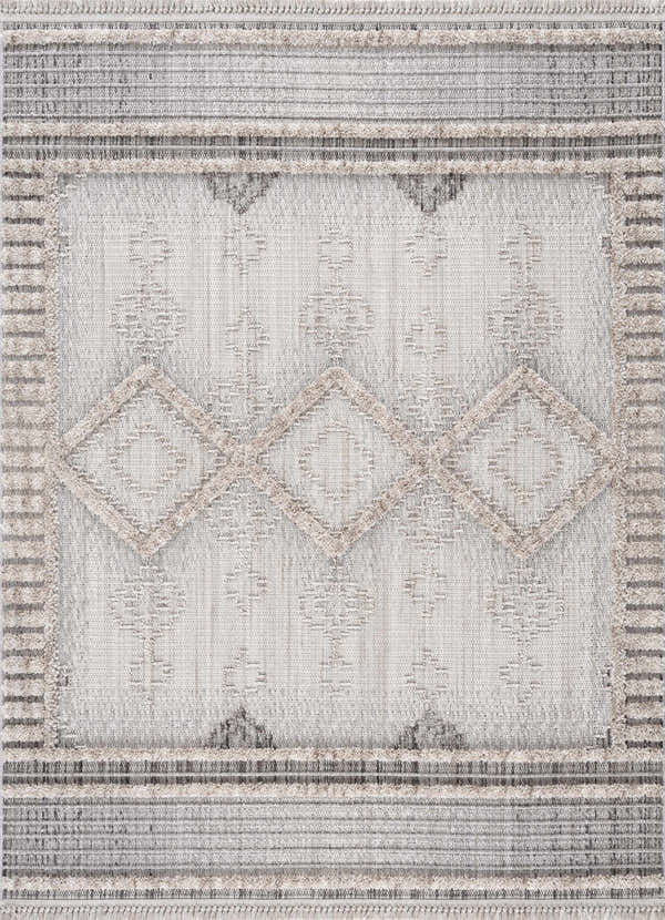 Close-up of the Amaga High-Low Rustic Rug. Geometric design in charcoal, cream, light beige, and gray tones. Textured polyester. Design-Rectangle-537