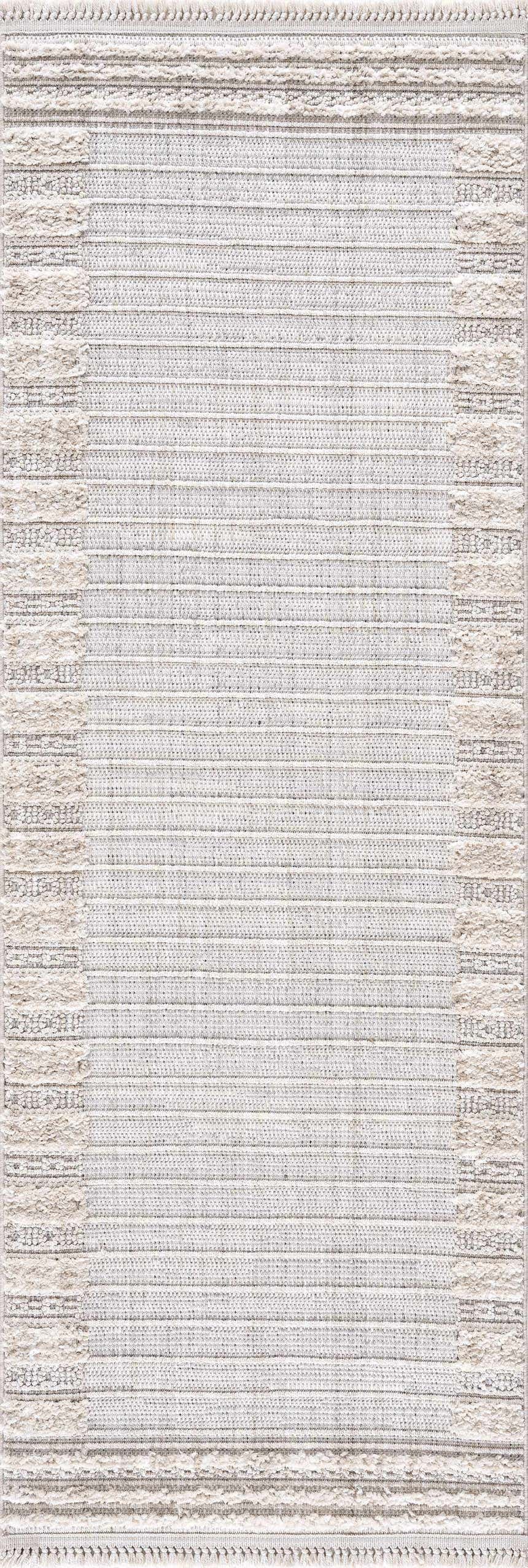Close-up of Sulak Cream Area Rug featuring a textured, striped design in cream, light beige, and gray tones. Design-Runner-2773